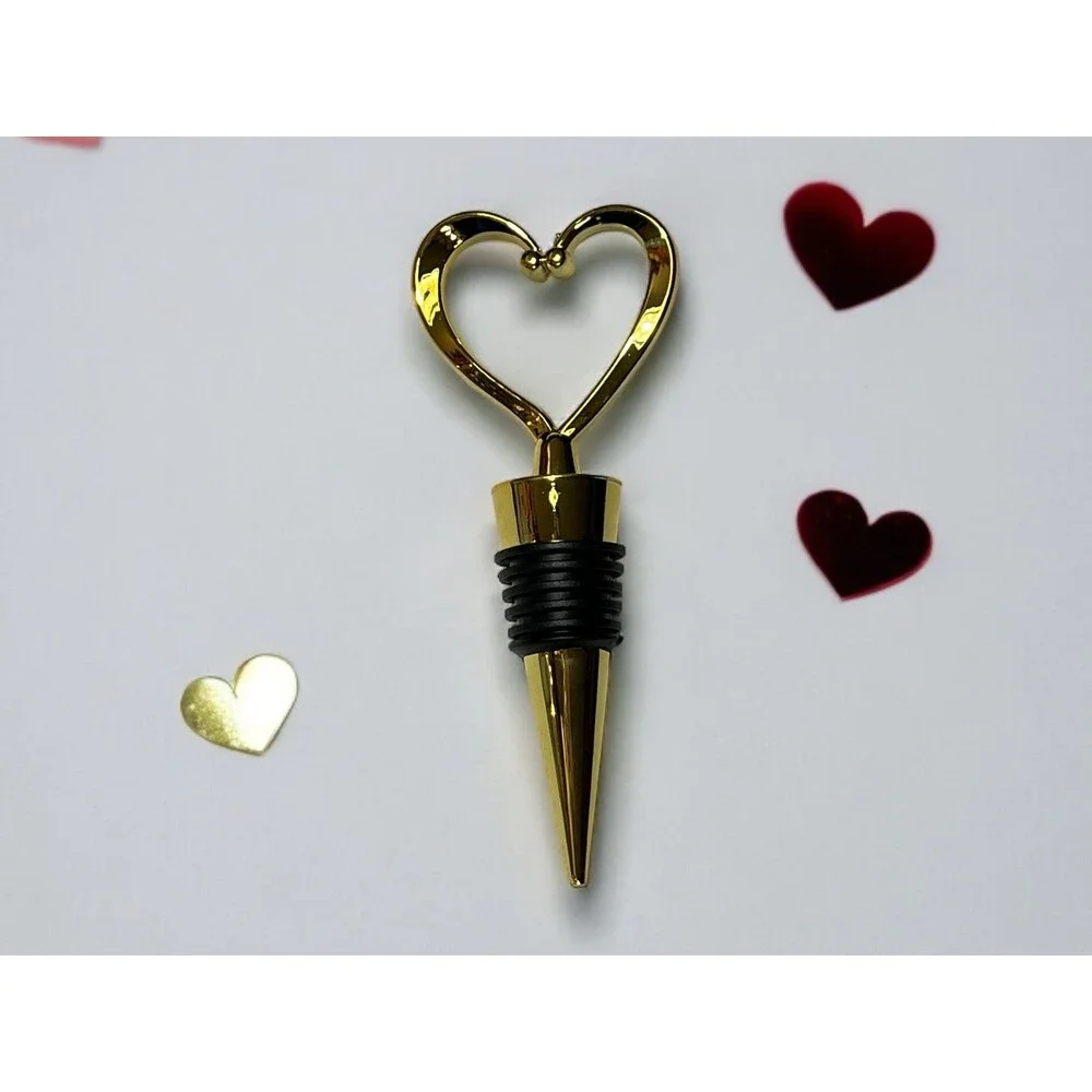 Deluxe Gold Heart Shaped Wine Bottle Stopper with Organza Bag